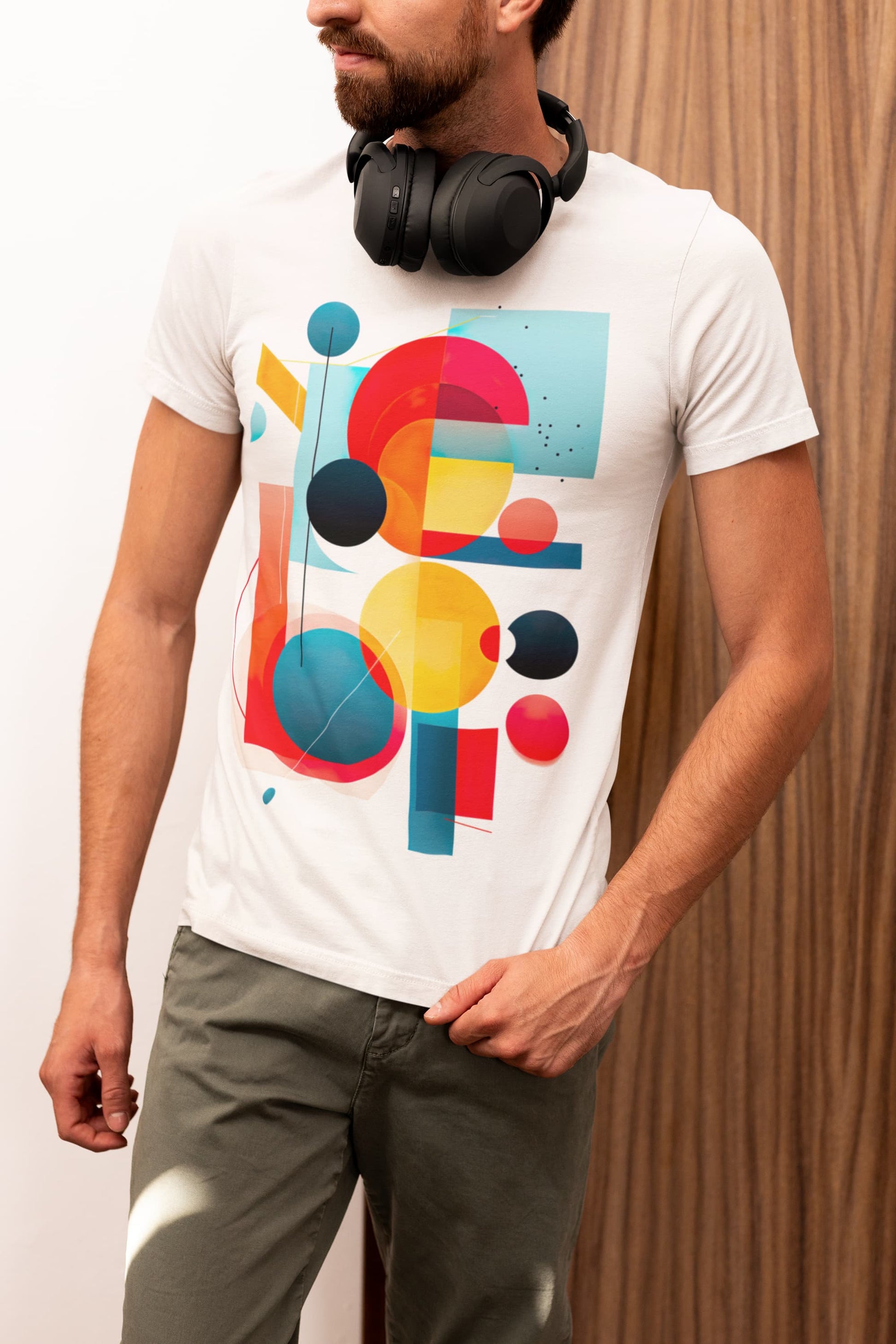 Creative Chaos geometric t-shirt vibrant abstract design shapes
