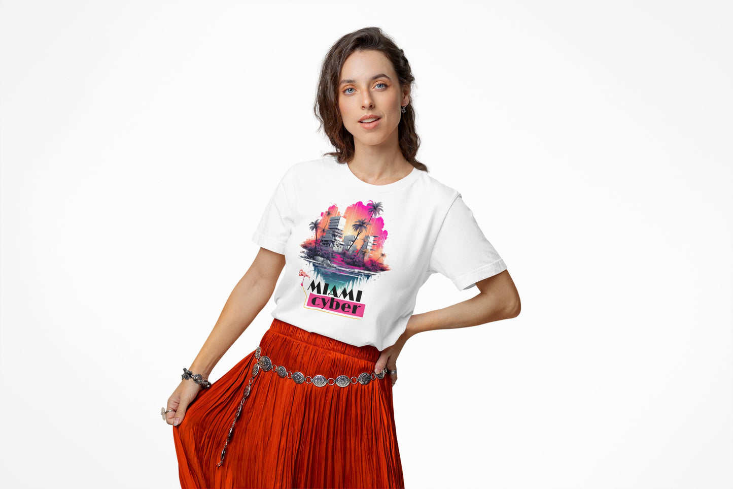 Cyber Miami retro t-shirt watercolor skyline palm trees design
