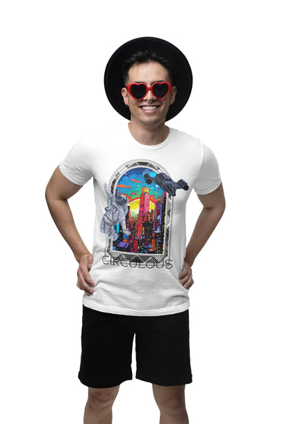 Cyber Skyline futuristic t-shirt astronaut neon city design
