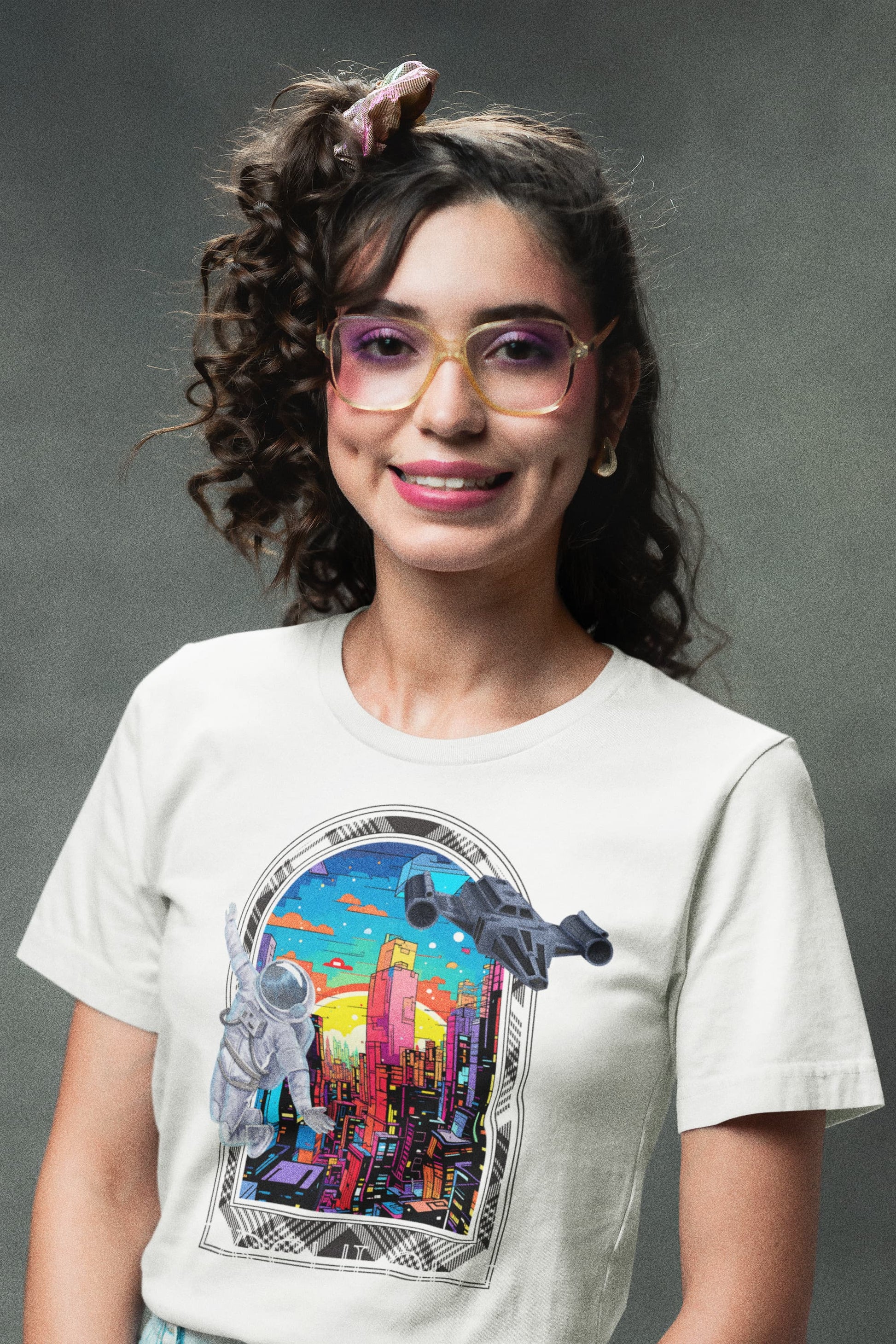 Space graphic tee Cyber Skyline astronaut floating cityscape UFOs

