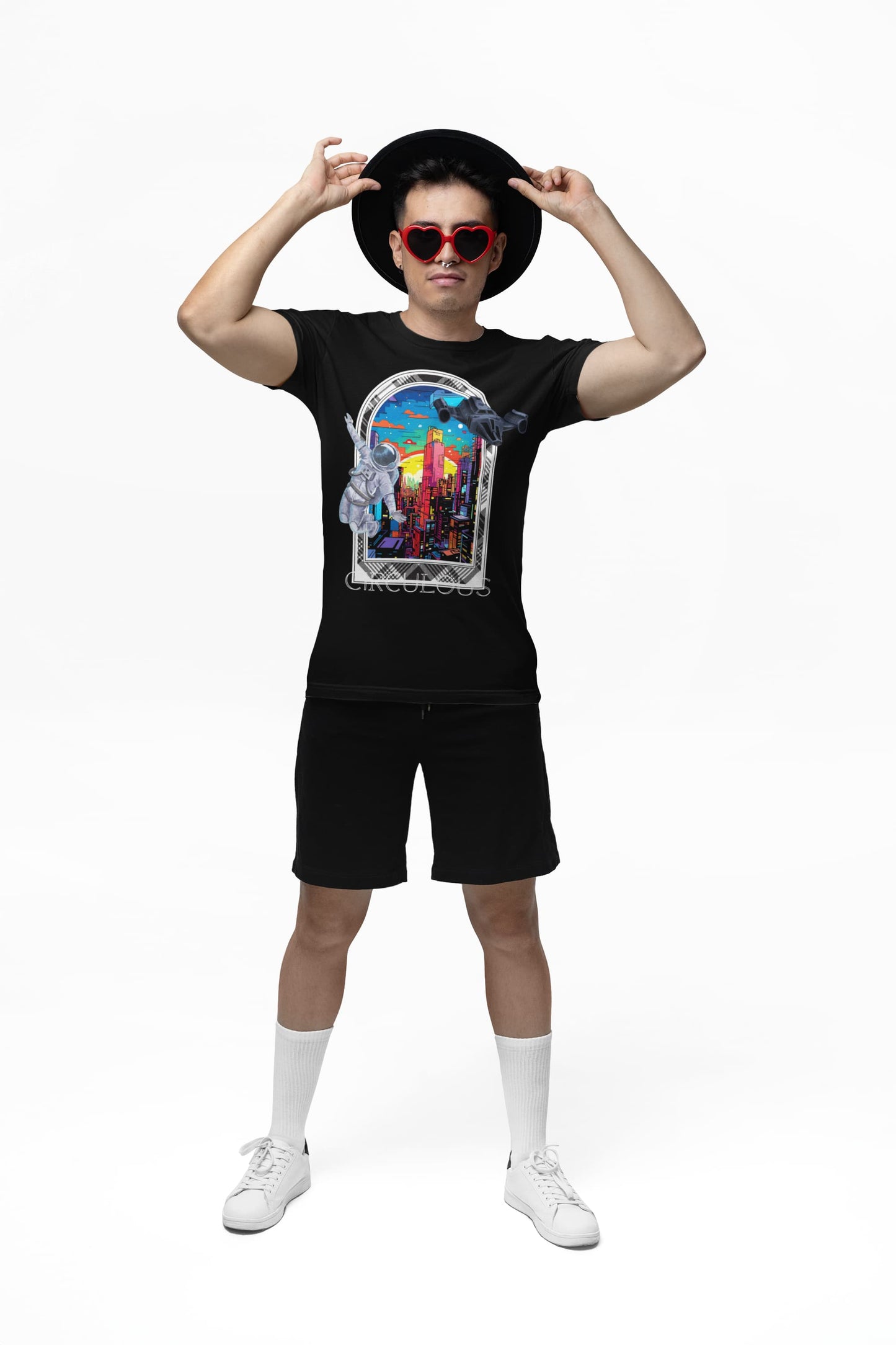 Astronaut t shirt Cyber Skyline cyberpunk city UFO design
