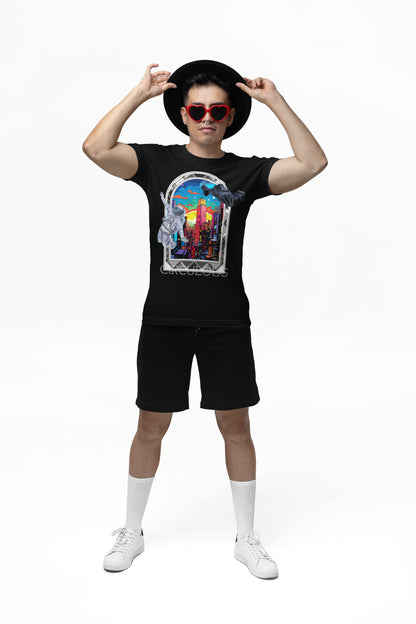 Astronaut t shirt Cyber Skyline cyberpunk city UFO design
