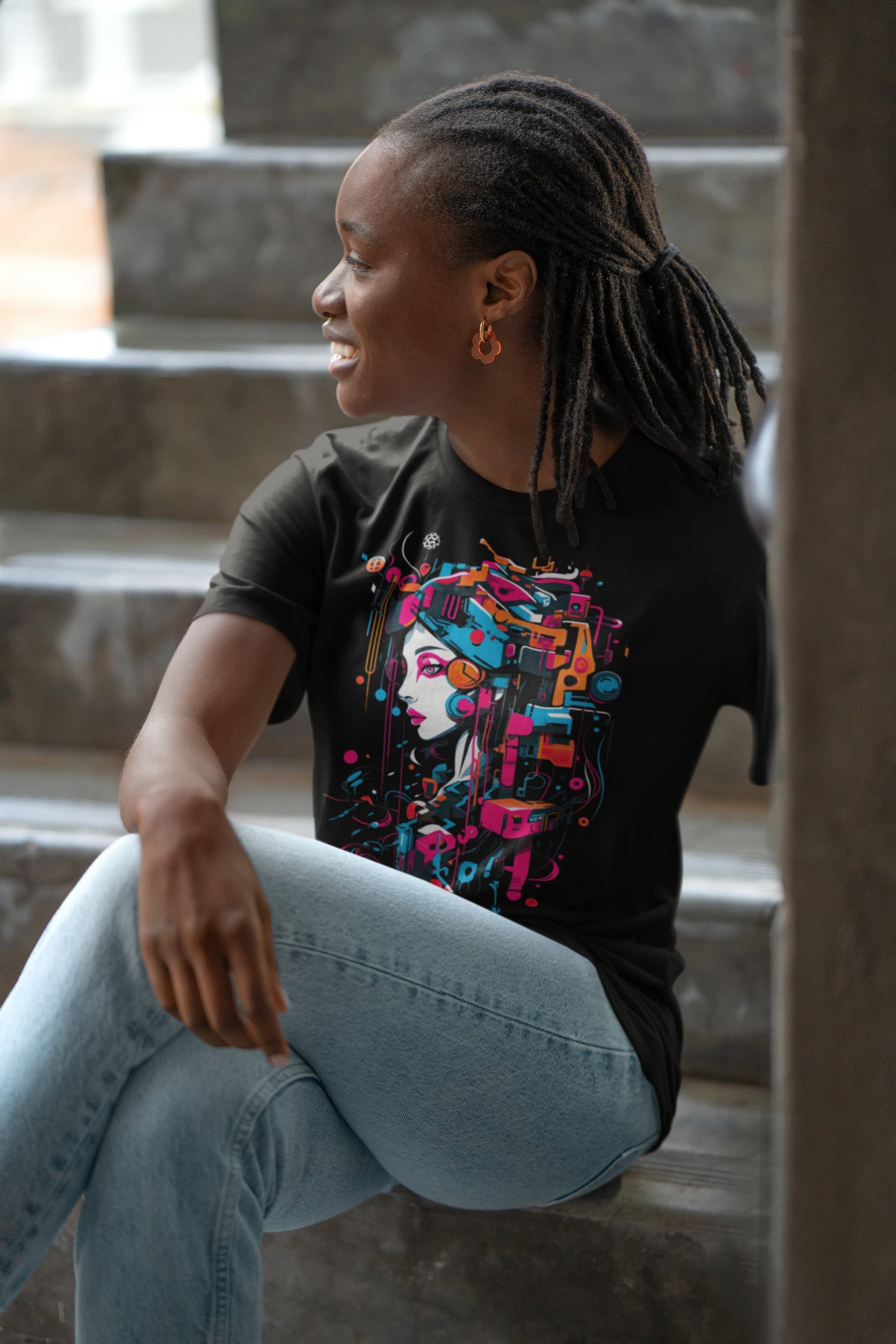 Digital Diva tech t-shirt neon geometric portrait design
