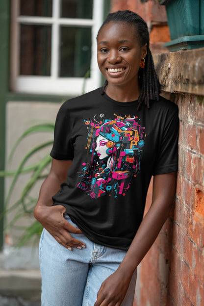 Black graphic tee Digital Diva cyberpunk digital art elements
