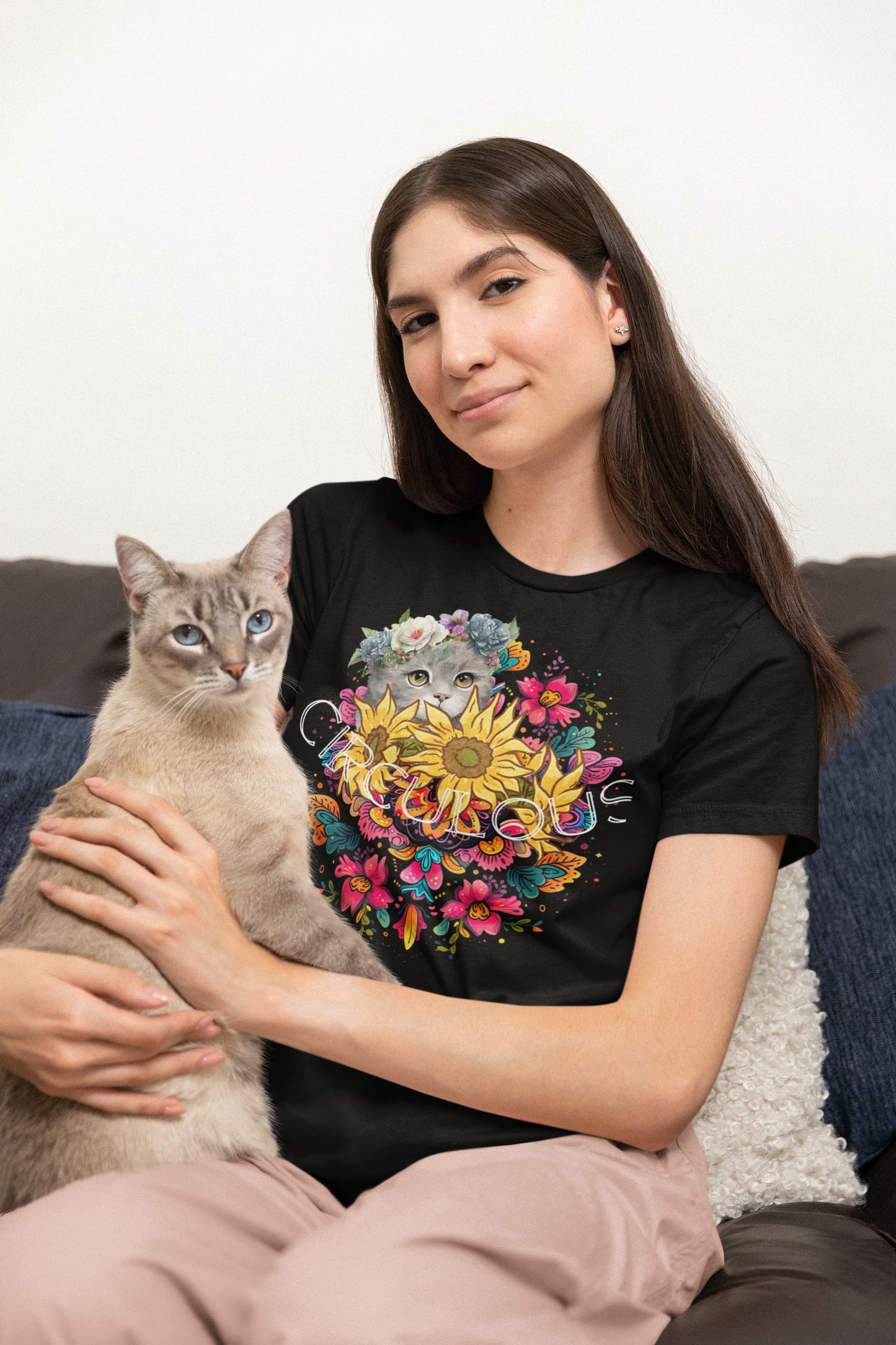 Black graphic tee Floral Eclipse cat floral crown nature

