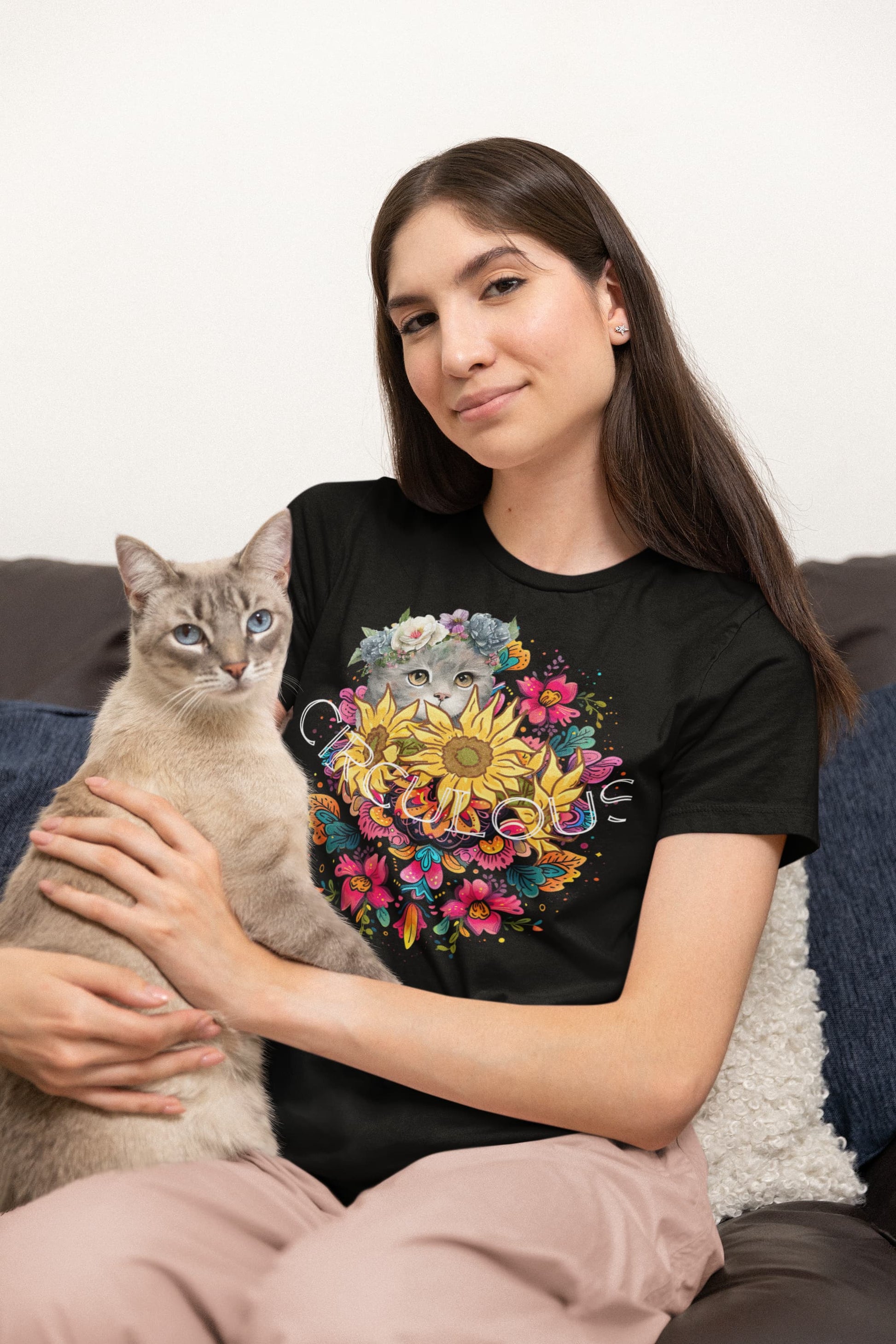 Black graphic tee Floral Eclipse cat floral crown nature
