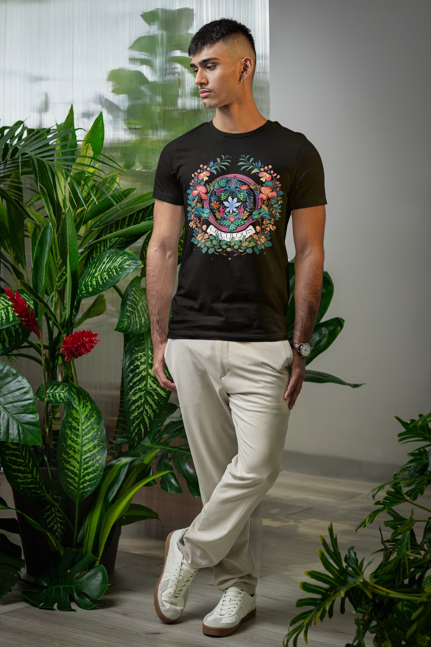 Rainbow graphic tee Floral Fantasy positive vibes floral circle
