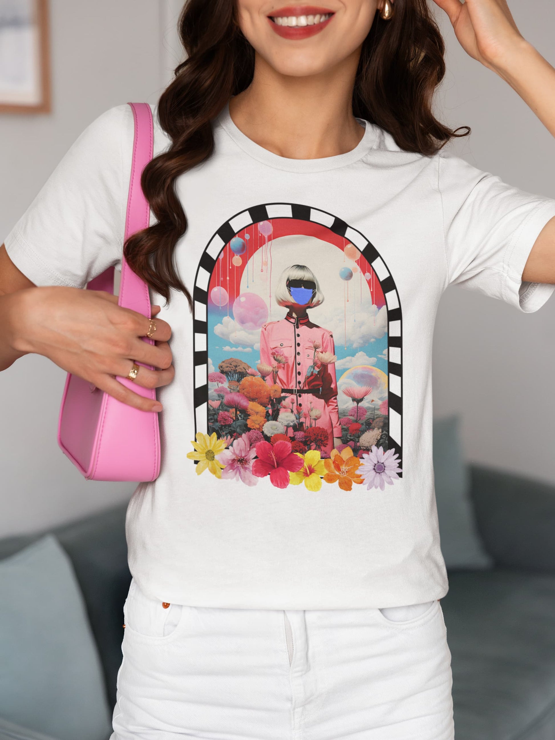 Floral Odyssey alien planet t-shirt woman exploring flowers
