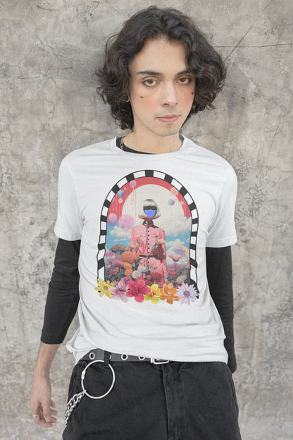 White graphic tee Floral Odyssey surreal alien garden design

