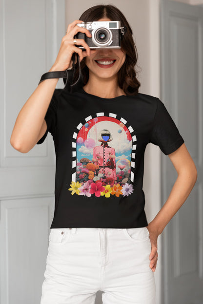 Unique graphic t-shirt Floral Odyssey psychedelic flower planet
