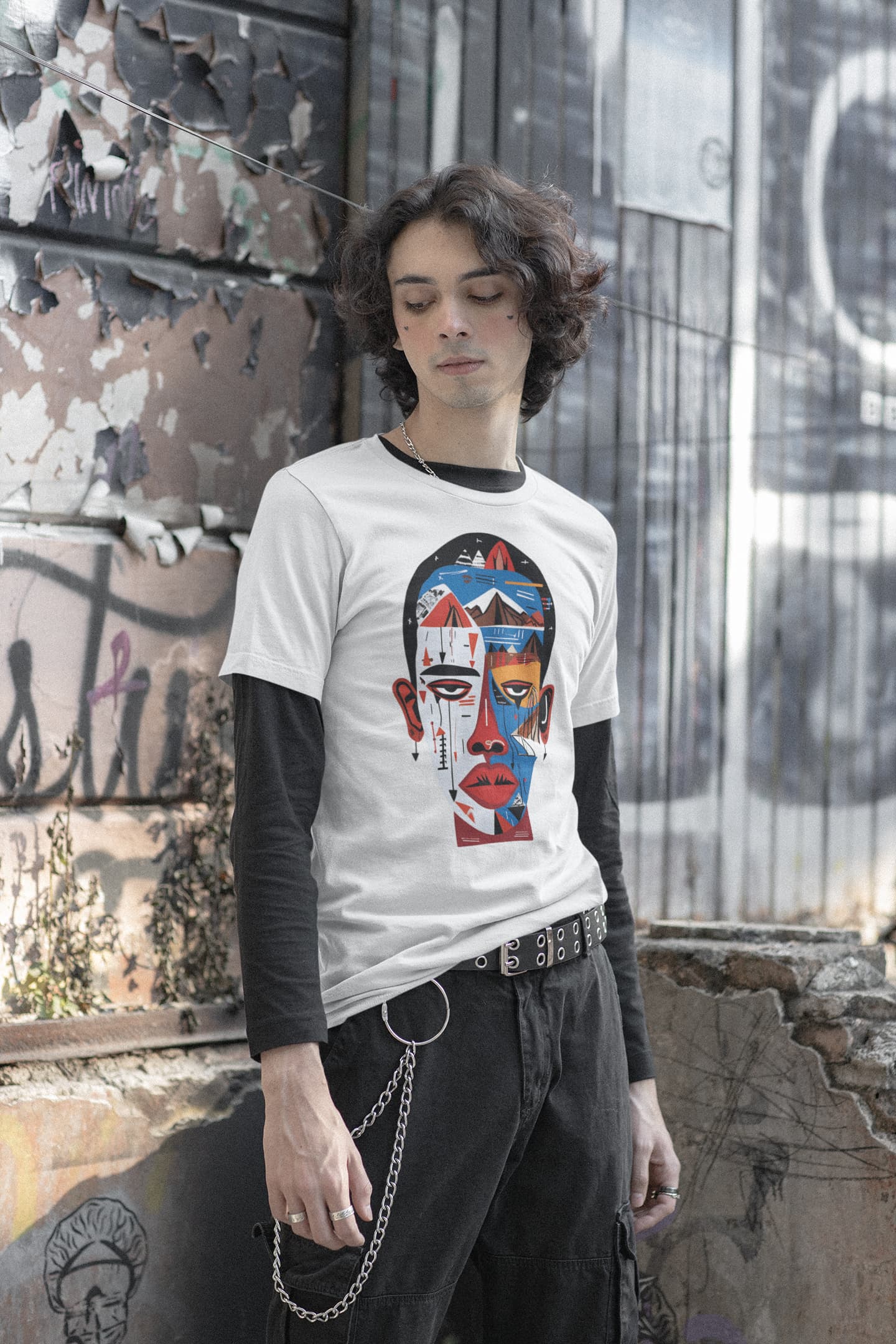 White graphic tee Forgotten Face indigenous art landscape
