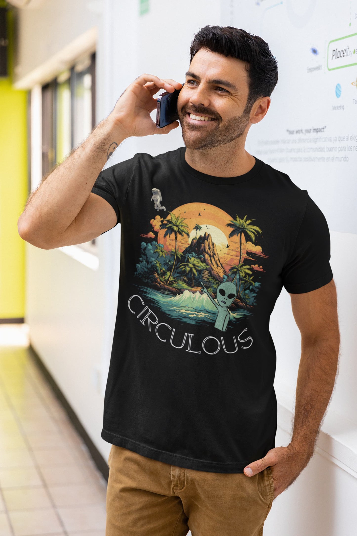 Galactic Gesture alien t-shirt astronaut tropical island design
