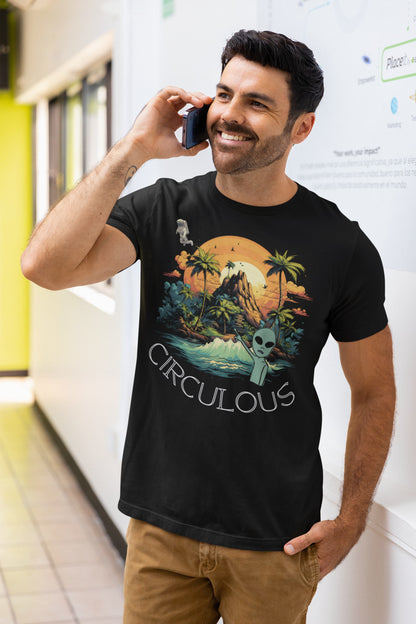 Galactic Gesture alien t-shirt astronaut tropical island design
