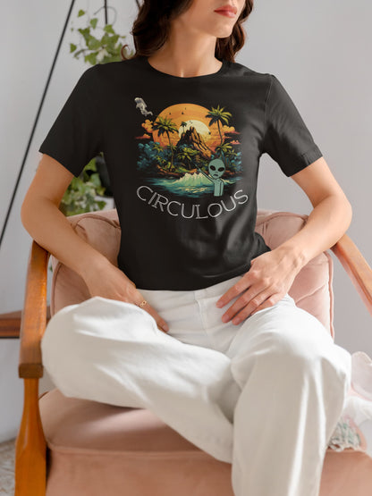 Black graphic tee Galactic Gesture alien pointing astronaut sunset
