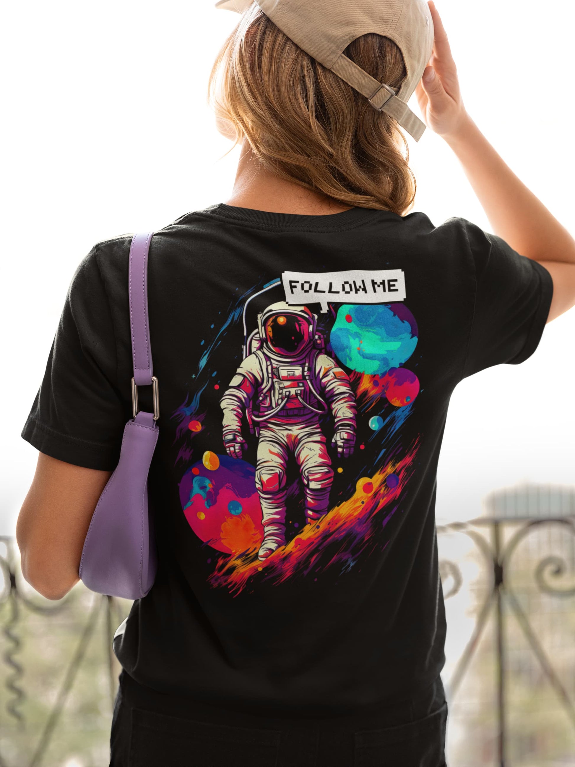 Black back print tee Galaxy Roamer psychedelic space design

