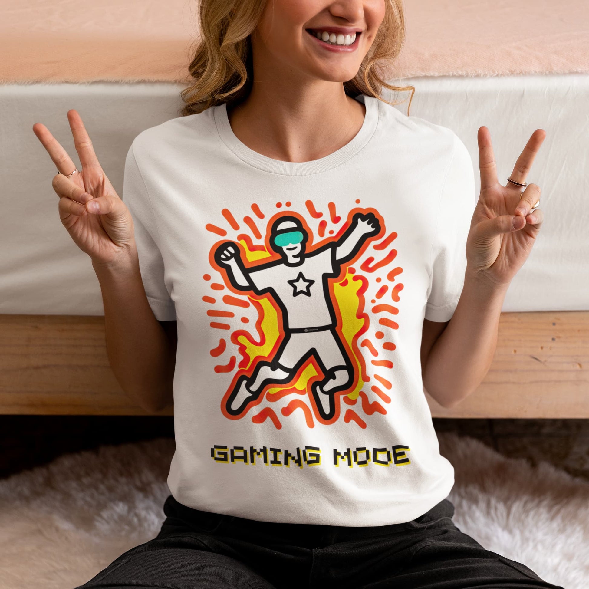 White graphic tee Gaming Mode retro gaming victory energy
