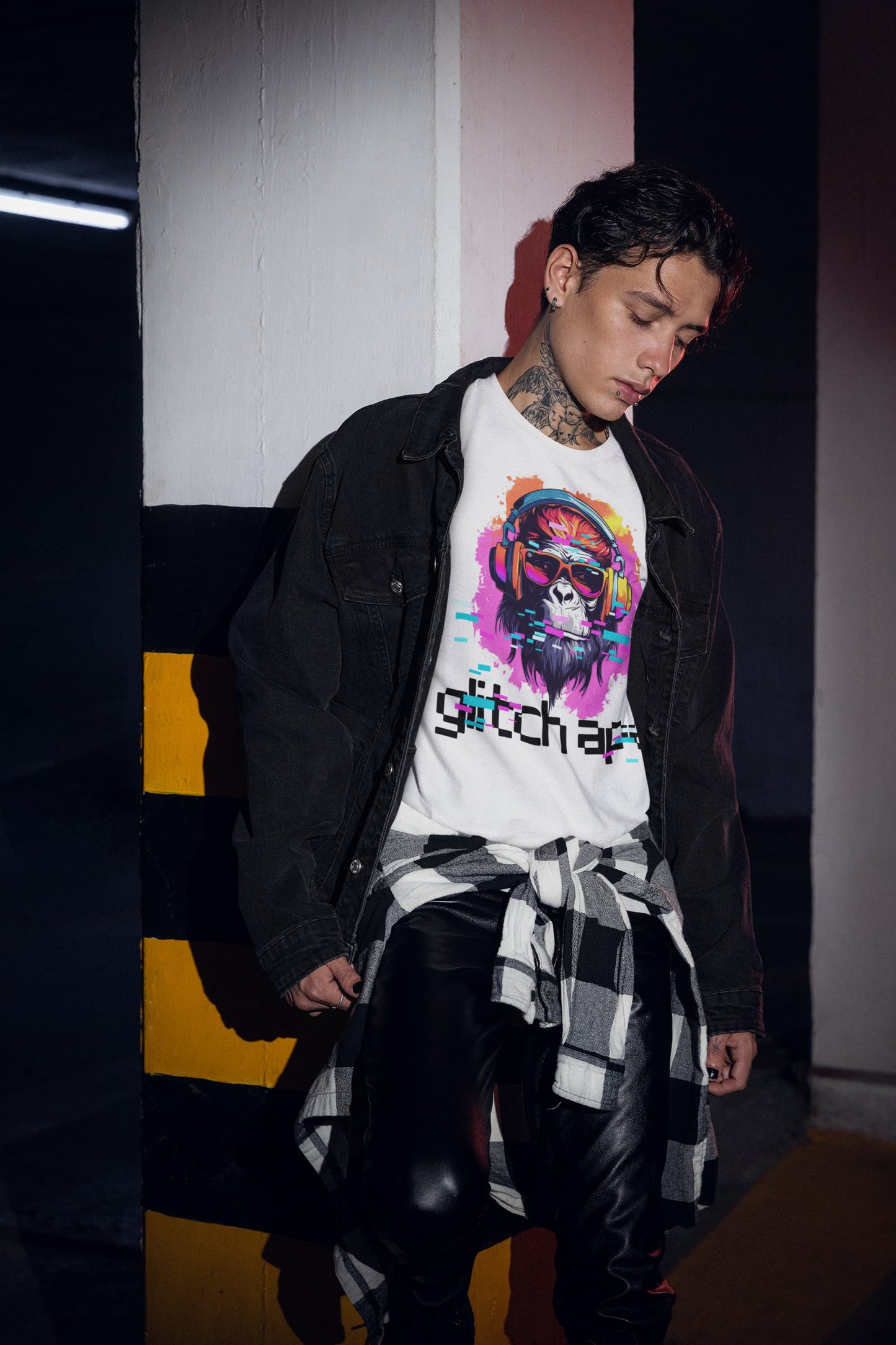 White graphic tee Glitch Ape digital art watercolor glitch effects
