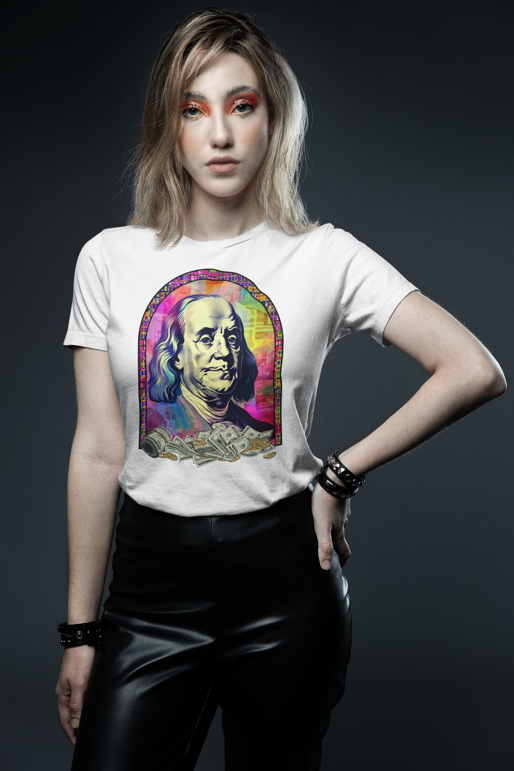Glitch Icon money t-shirt Benjamin Franklin psychedelic rainbow design
