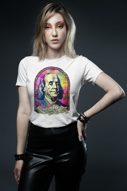 Glitch Icon money t-shirt Benjamin Franklin psychedelic rainbow design
