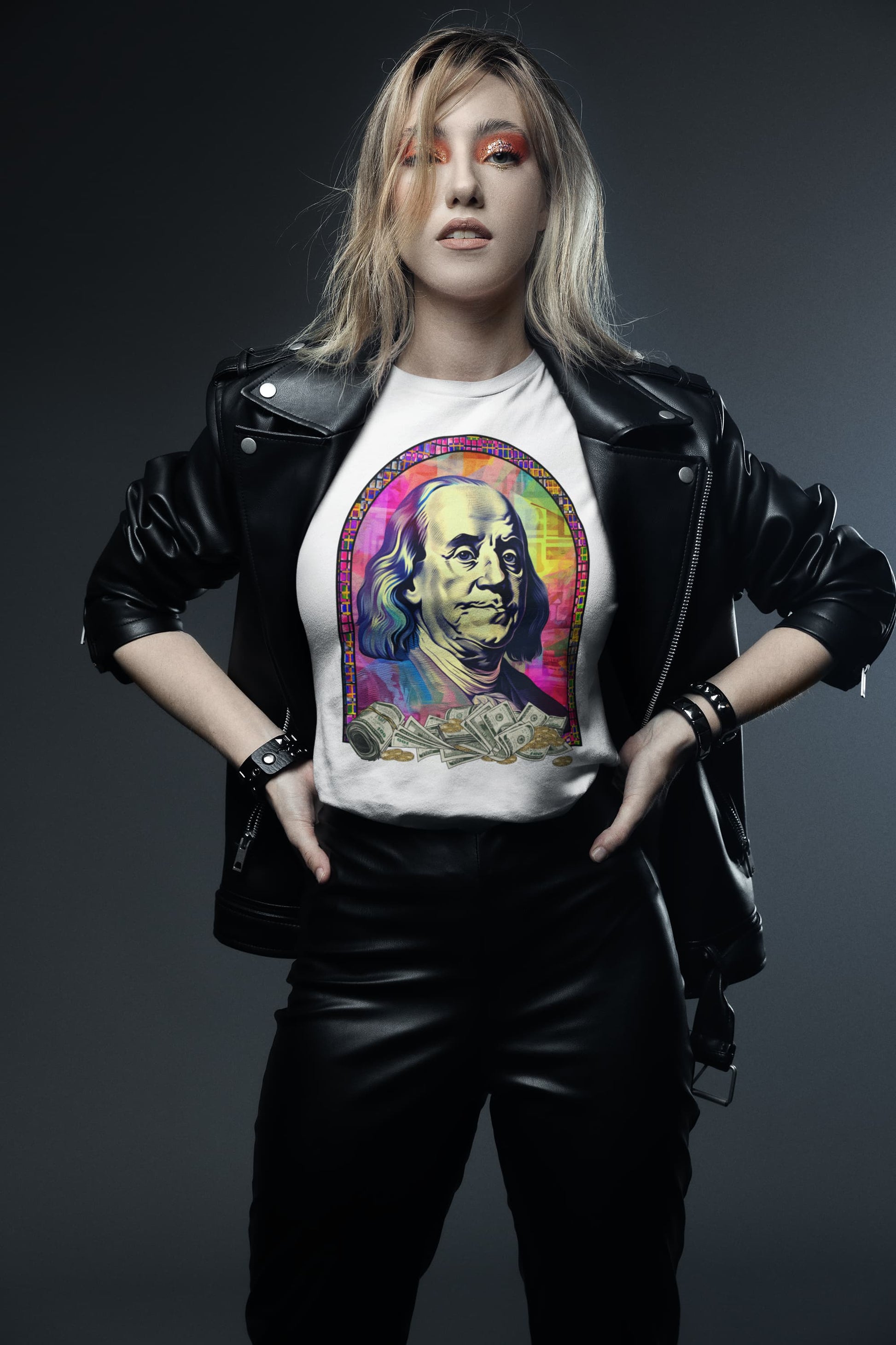 White graphic tee Glitch Icon dollar bills stained glass arch
