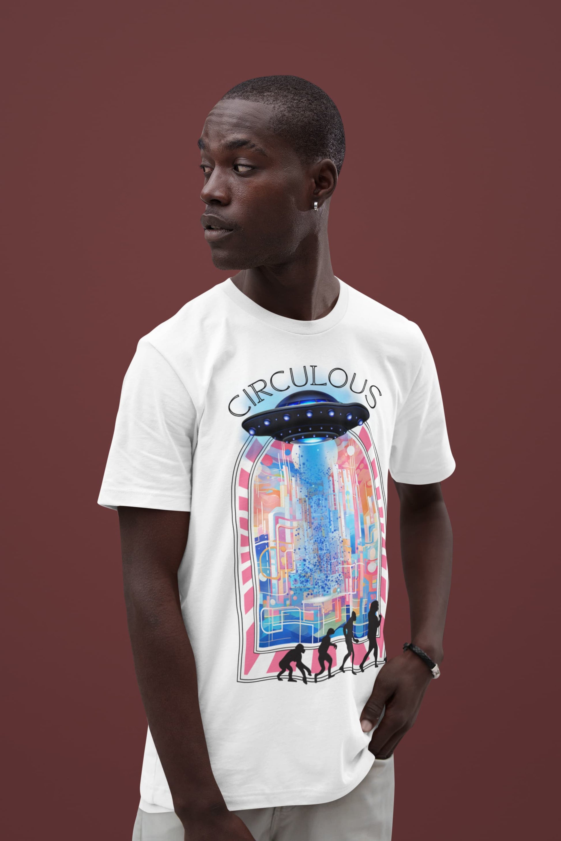Graphic t shirt Infinity City UFO human evolution silhouettes
