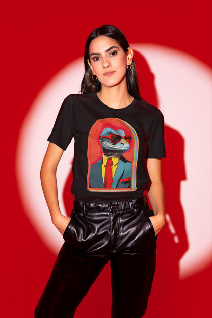 Black graphic tee Lizard Persona colorful chameleon psychedelic design
