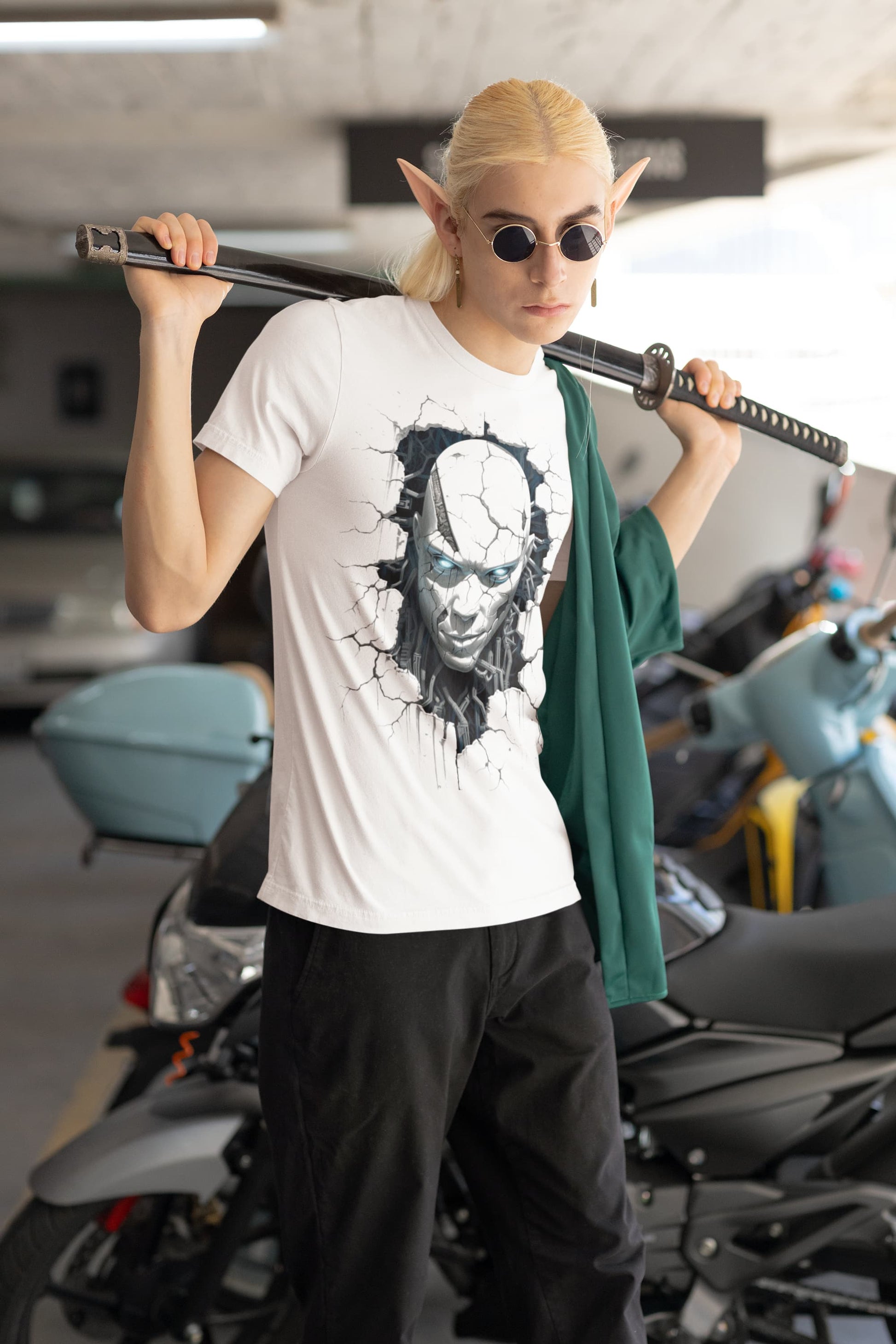 Machine Mischief android t-shirt breaking through wall design
