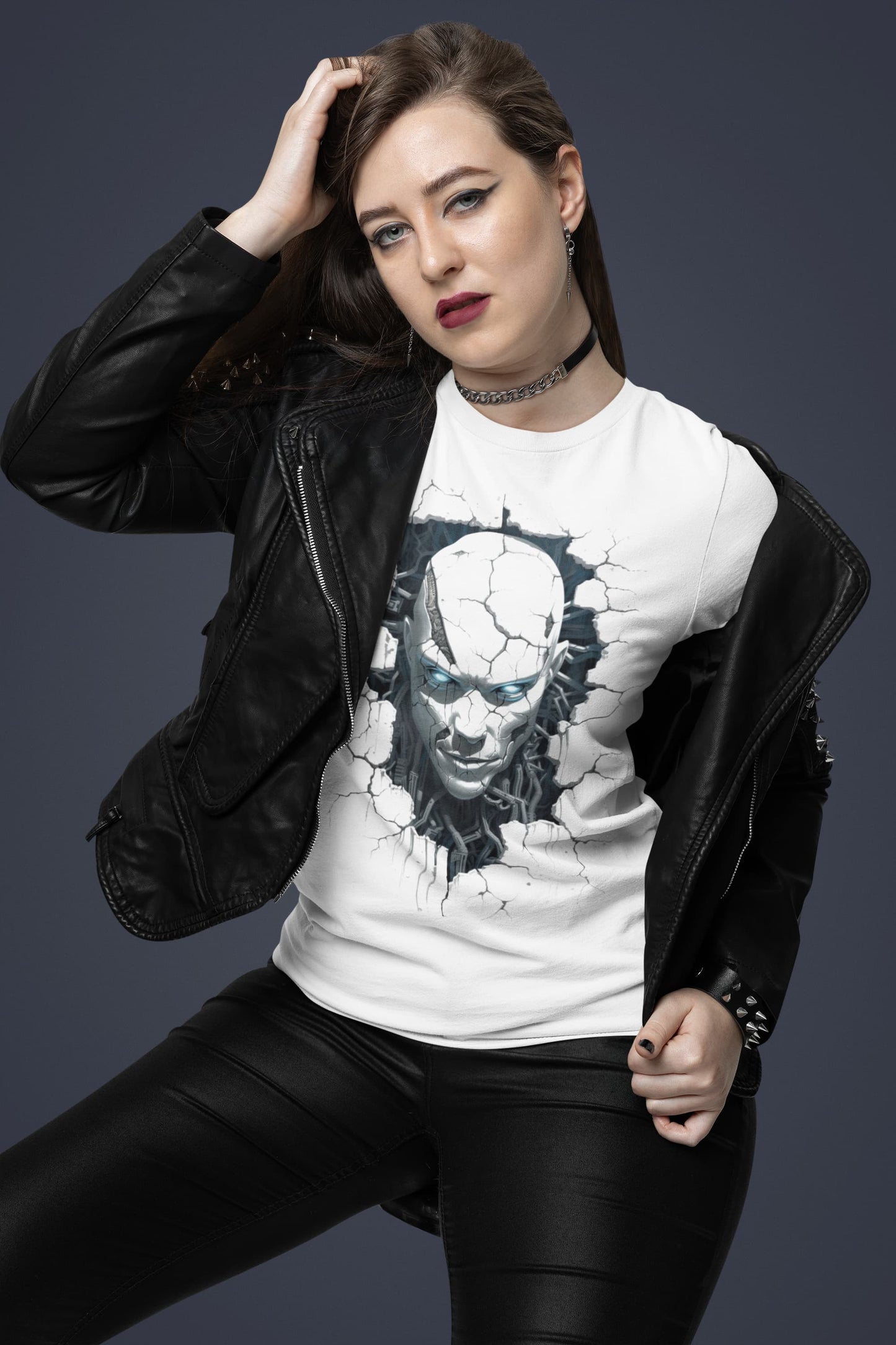 White graphic tee Machine Mischief AI robot emergence cyberpunk
