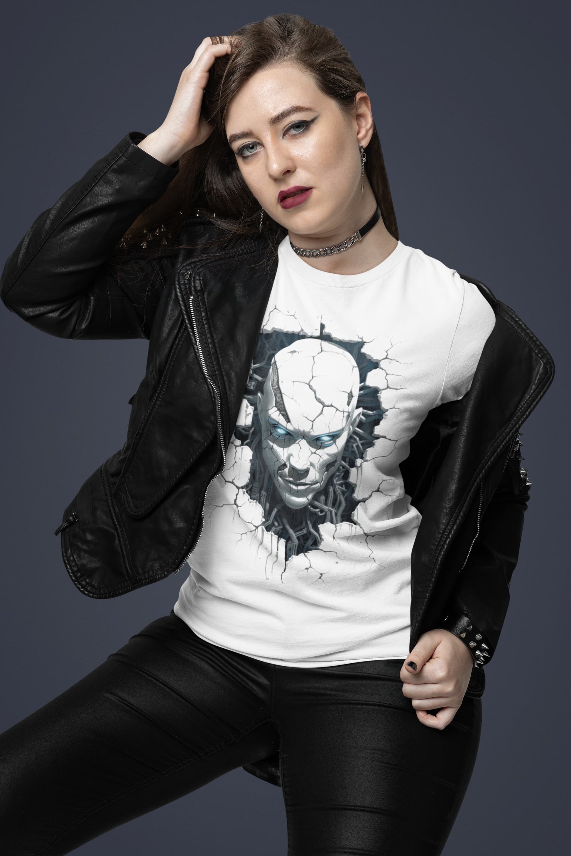 White graphic tee Machine Mischief AI robot emergence cyberpunk
