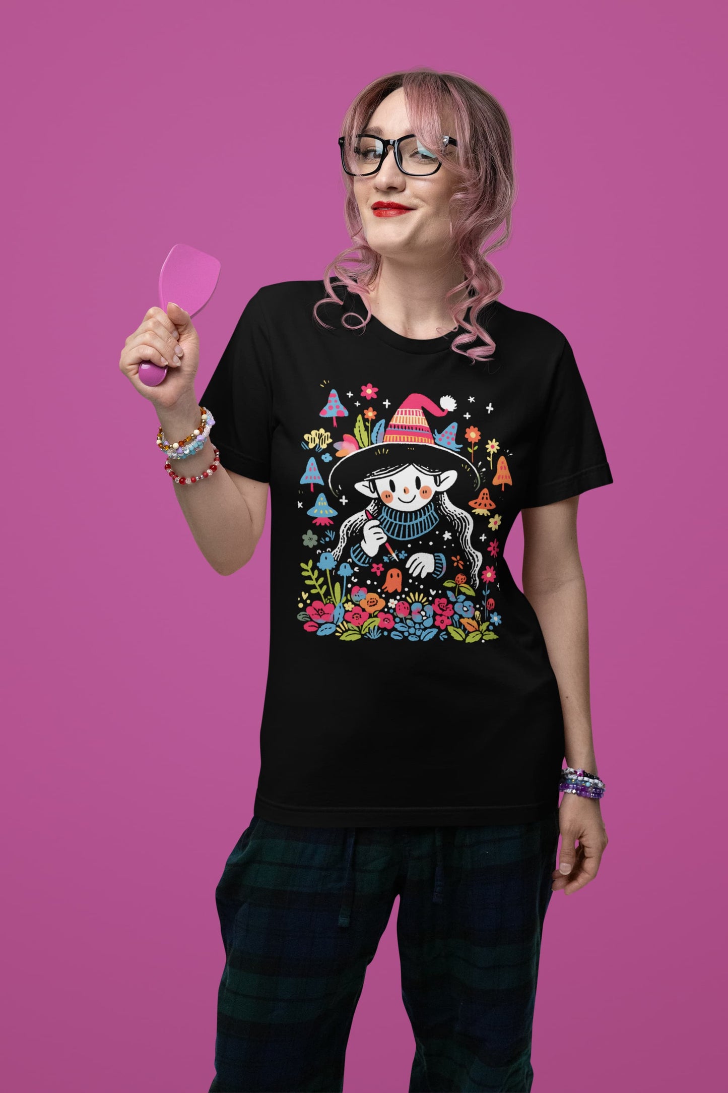 Black graphic tee Meadow Spell garden witch folk art
