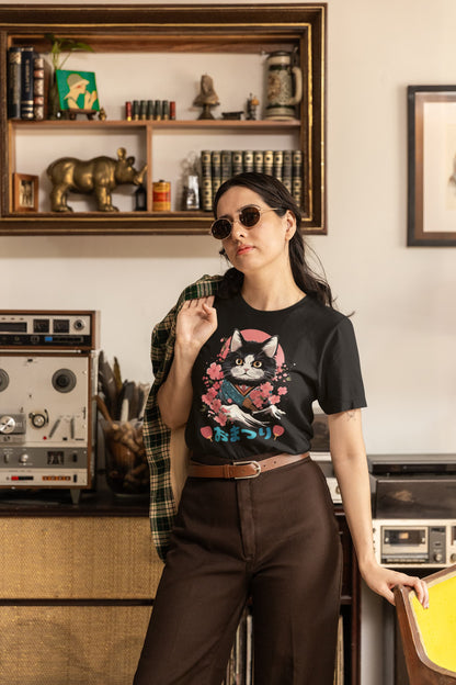 Black graphic tee Meow Sensei japanese cat festival
