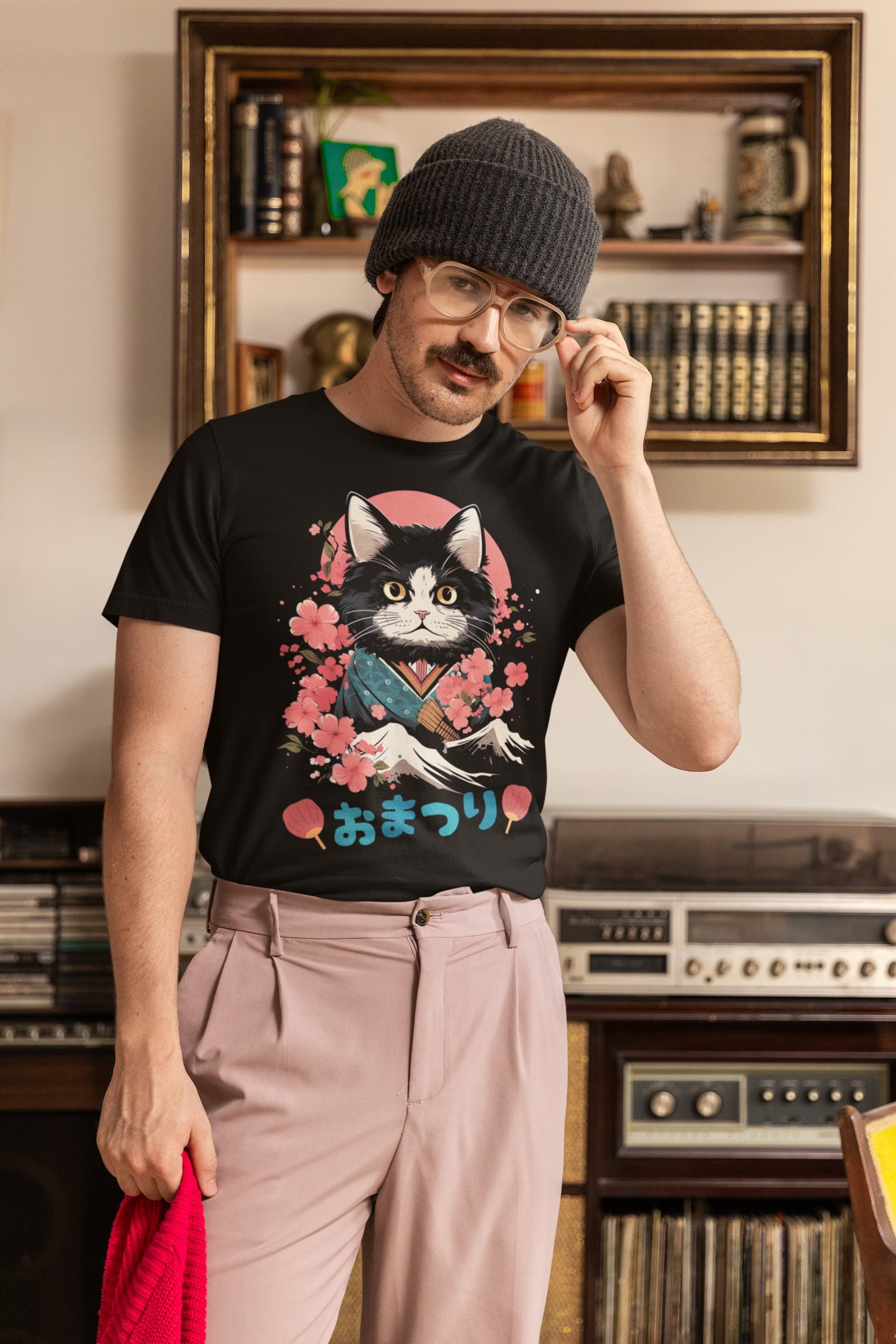 Kawaii graphic tee Meow Sensei tuxedo cat traditional kimono
