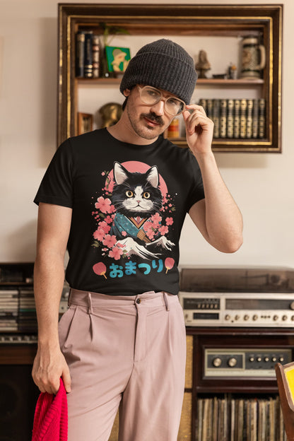 Kawaii graphic tee Meow Sensei tuxedo cat traditional kimono
