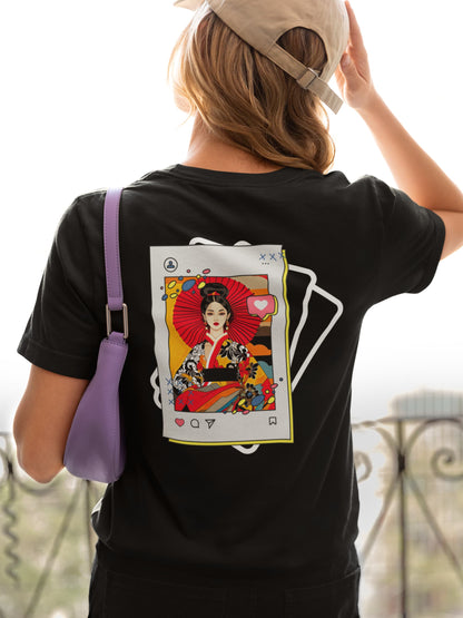 Black back print tee Modern Chic traditional kimono digital art
