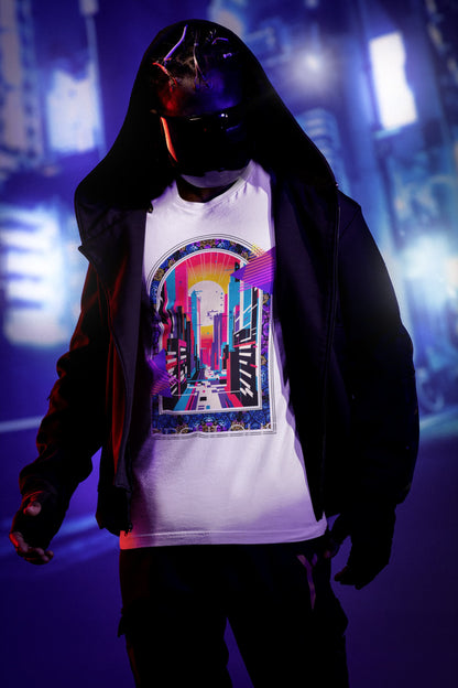 Neon Metropolis cyberpunk t-shirt electric city portal design
