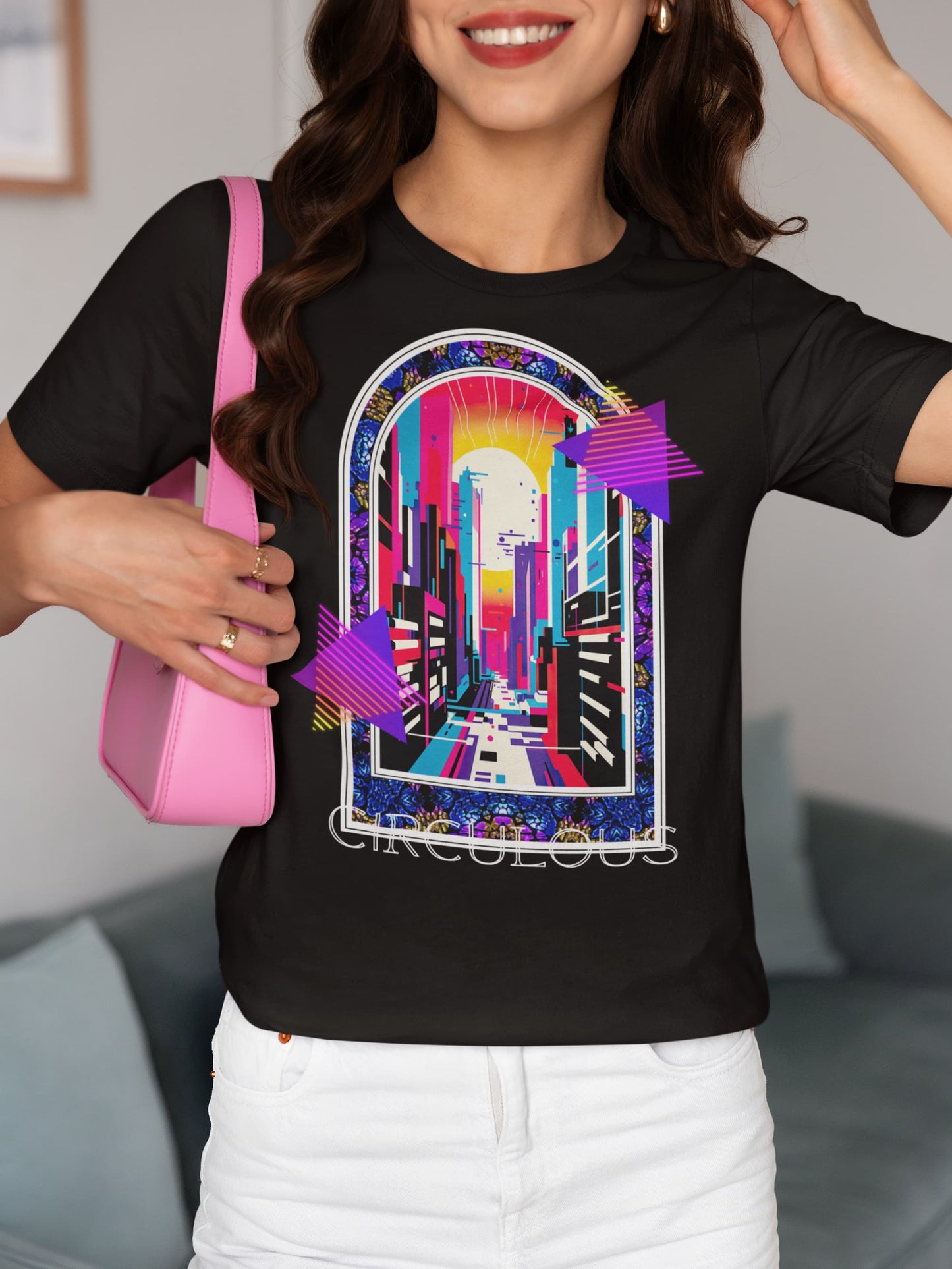 Black graphic tee Neon Metropolis neon skyscrapers cosmic gateway
