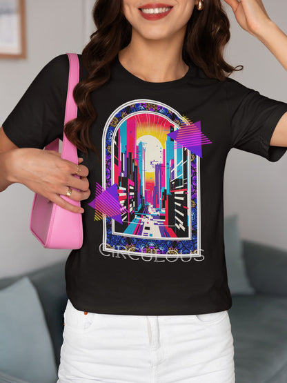 Black graphic tee Neon Metropolis neon skyscrapers cosmic gateway
