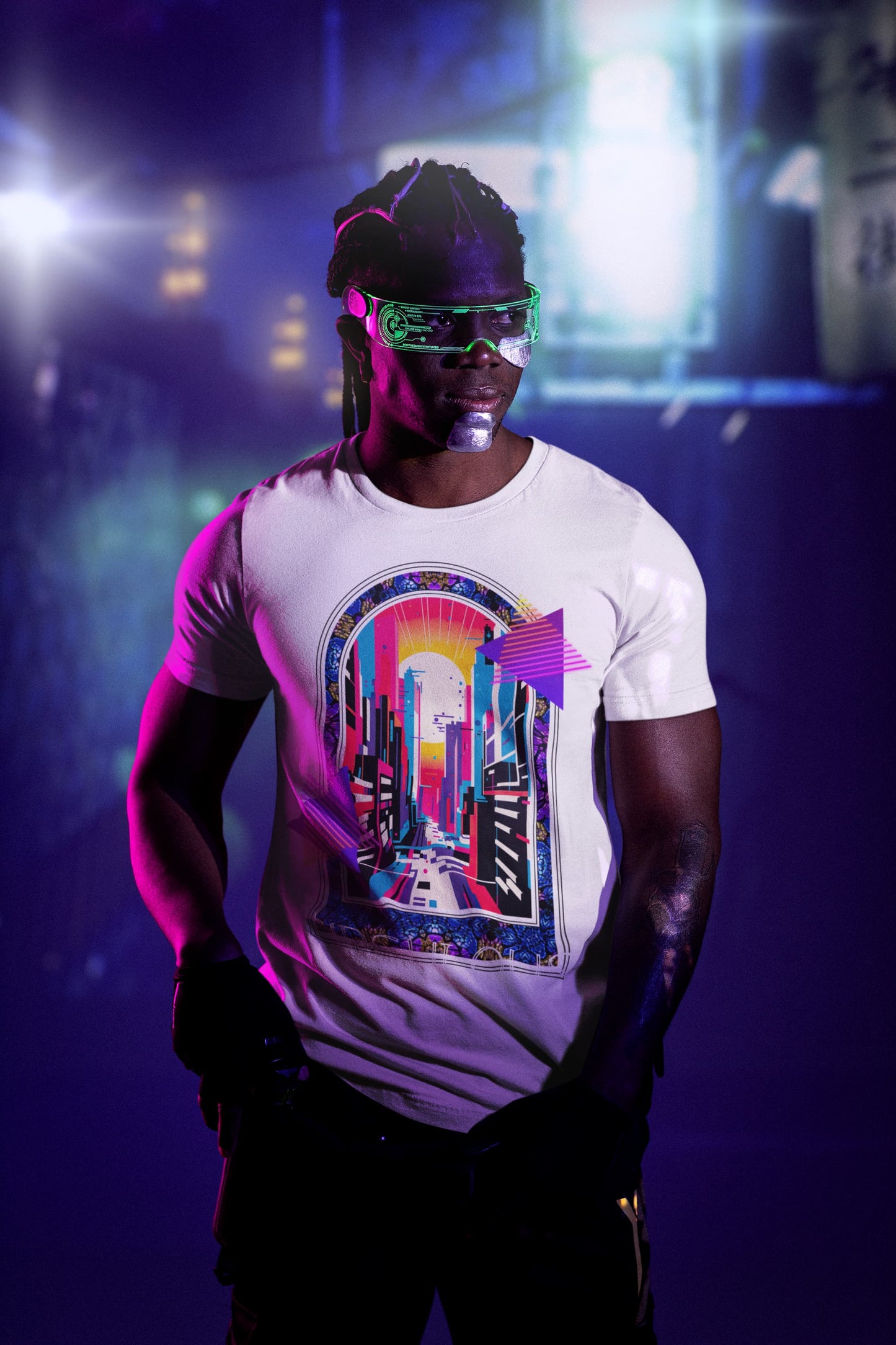 White graphic tee Neon Metropolis cyber city dimensional portal
