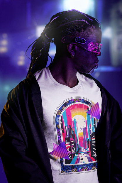 Neon Metropolis electric cityscape geometric shapes art nouveau
