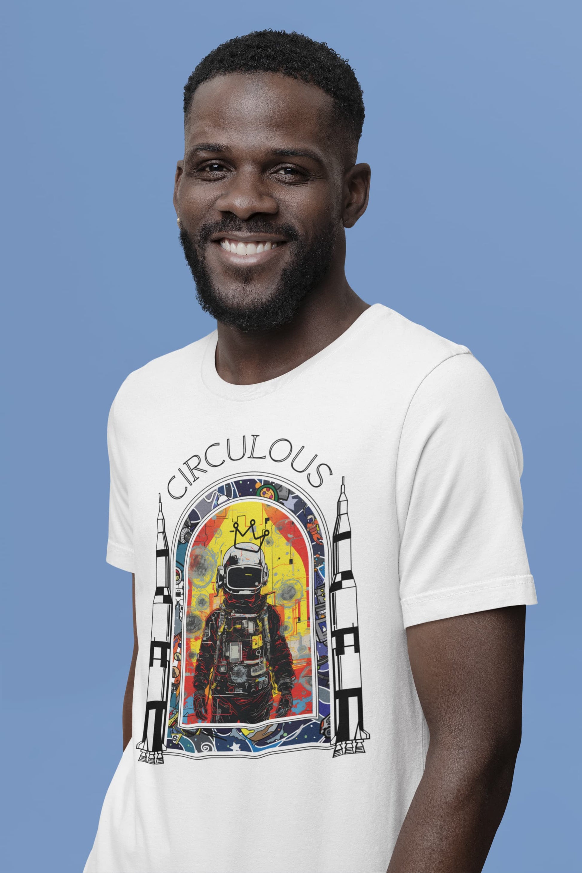 White graphic tee Nova Sovereign cosmic royalty astronaut glitch
