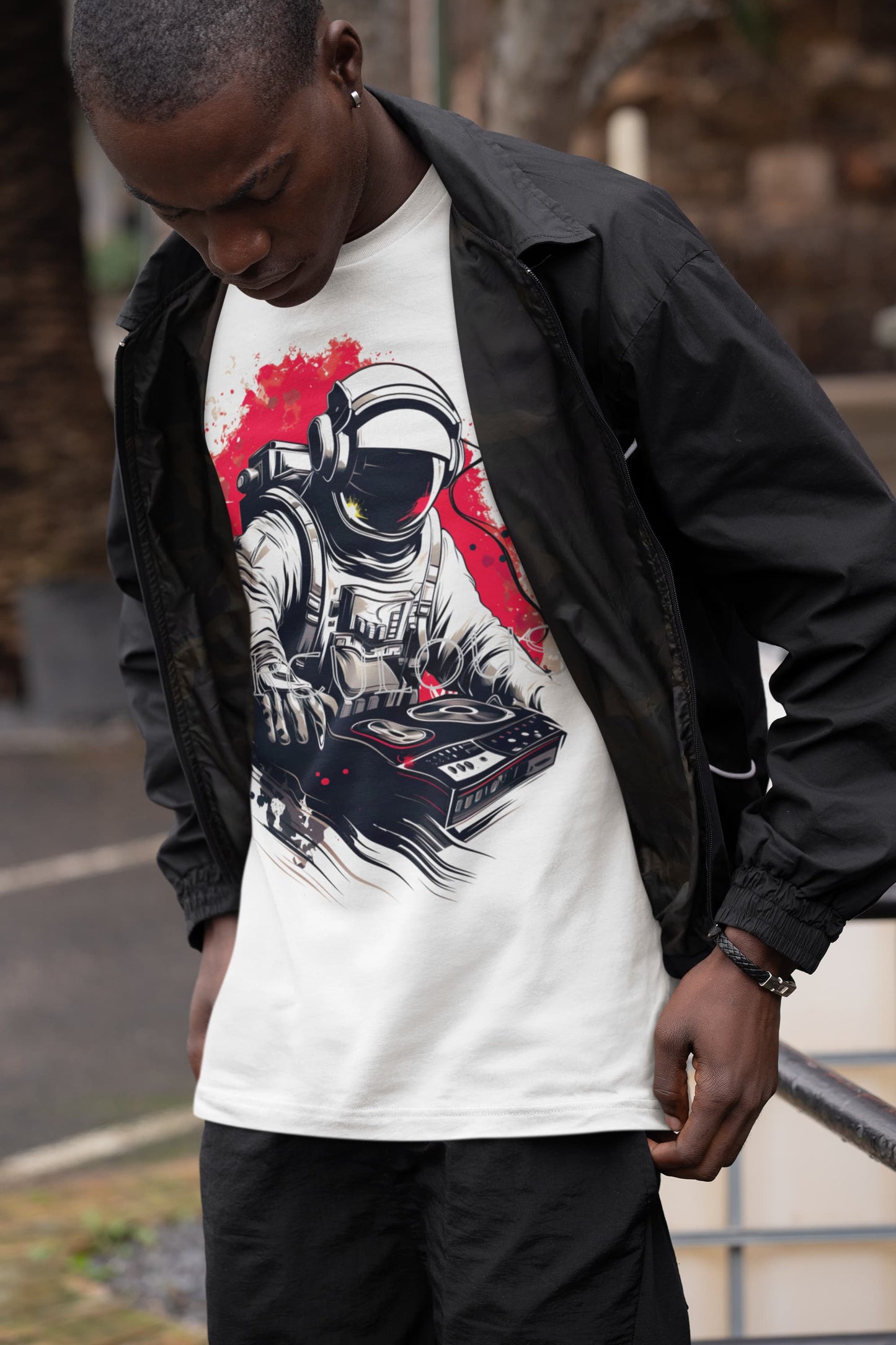 Orbital Sound DJ t-shirt astronaut turntables explosive paint design
