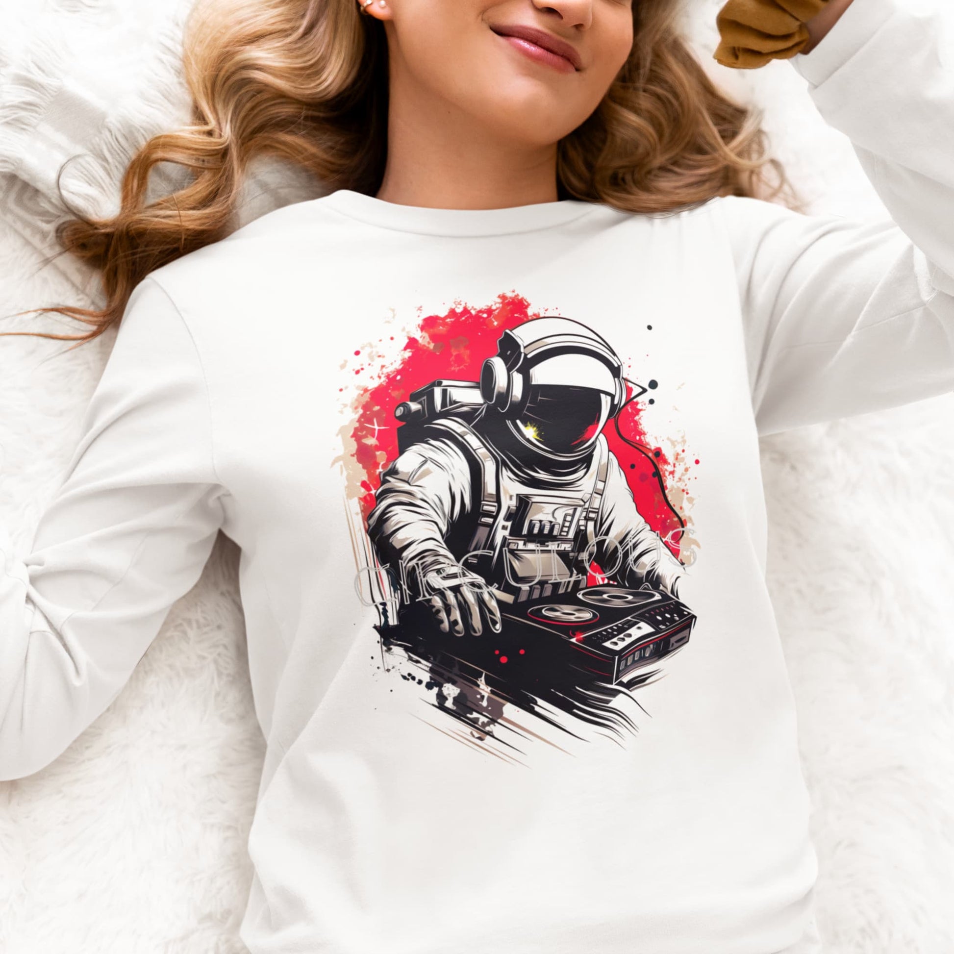 White graphic tee Orbital Sound space DJ street art cosmic music
