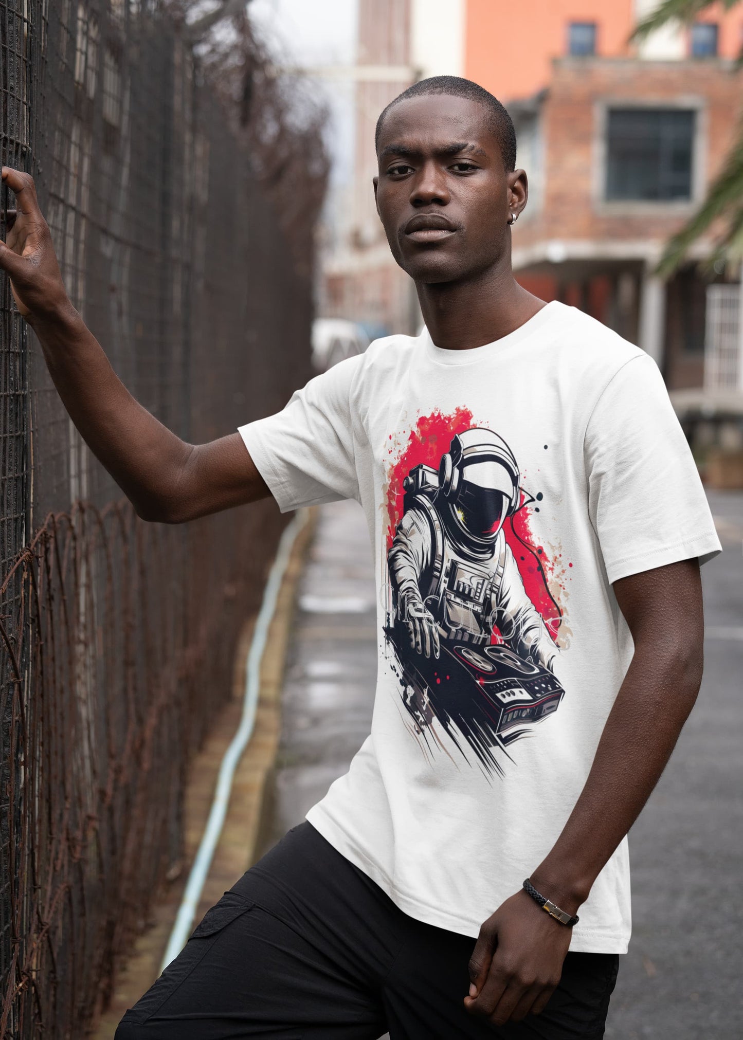 Music graphic tee Orbital Sound astronaut mixing turntables red splash
