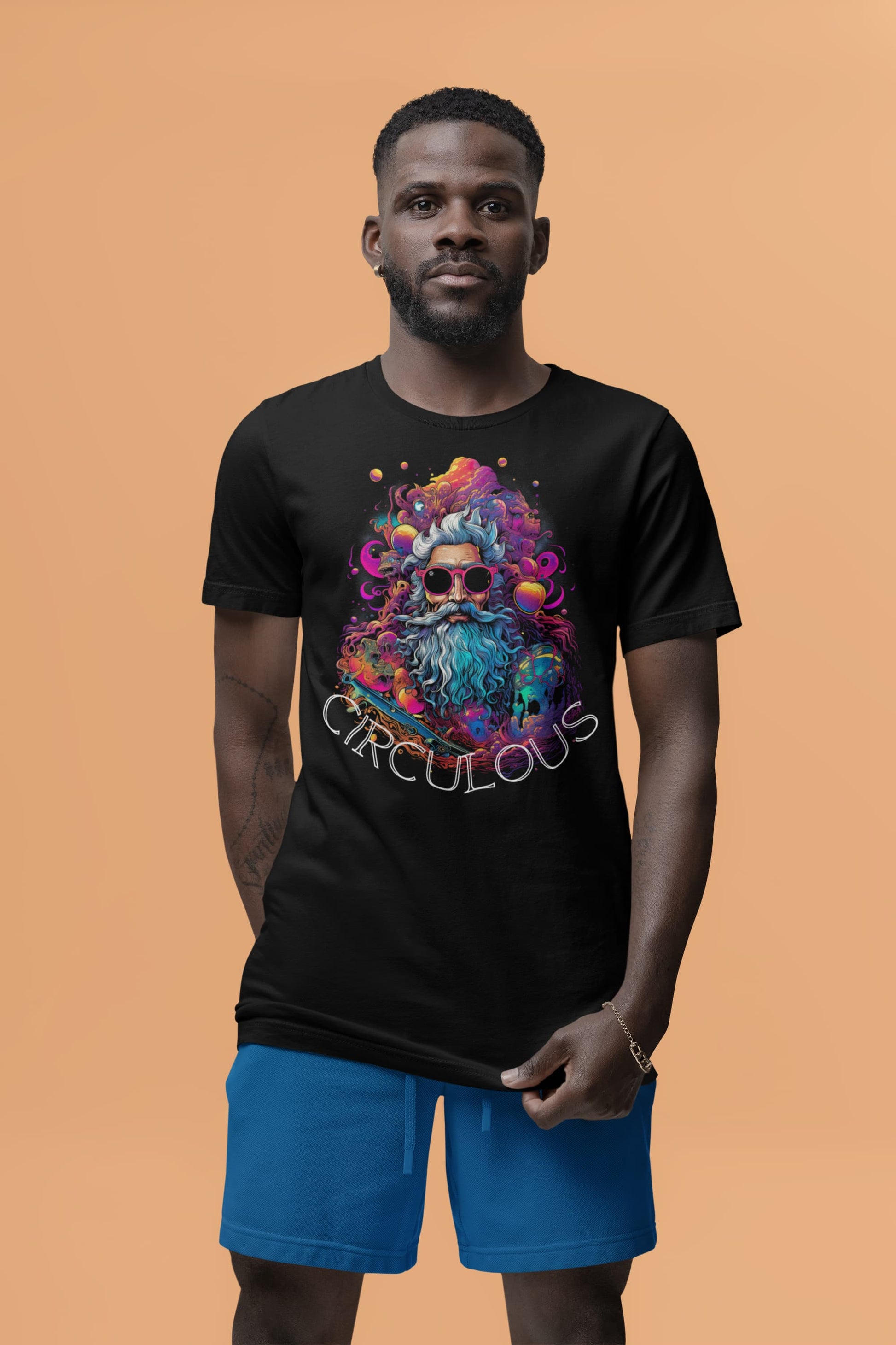 Black graphic tee Planetary Swagger vibrant multicolor swirls surreal portrait
