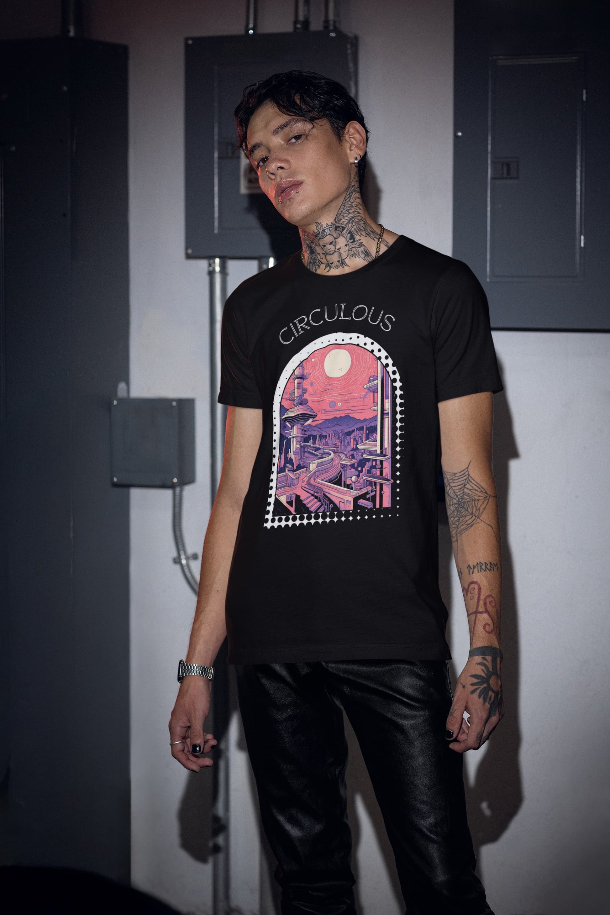 Quantum Quarters black tee neon cityscape geometric buildings retro futuristic
