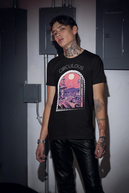Quantum Quarters black tee neon cityscape geometric buildings retro futuristic
