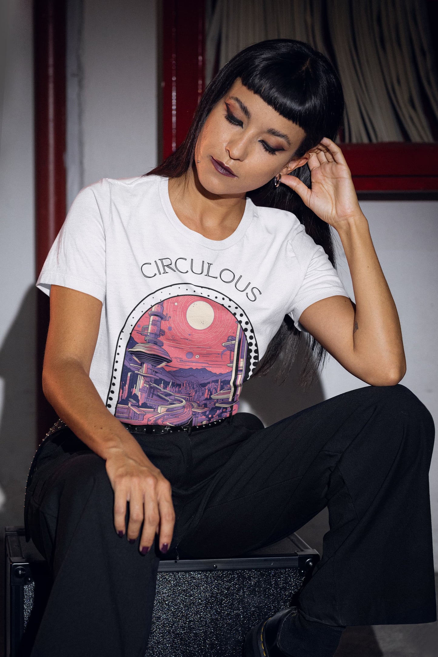Quantum Quarters cityscape t-shirt futuristic portal pink sky purple architecture
