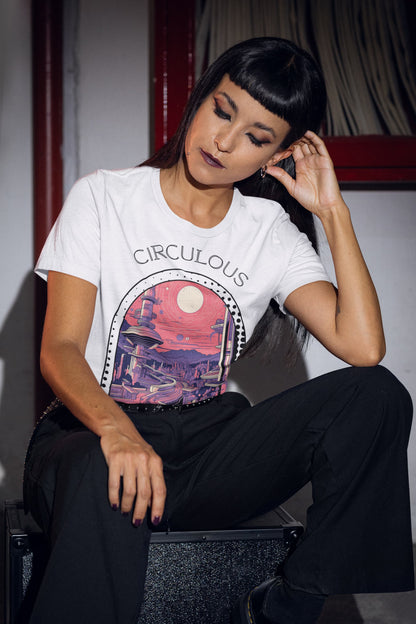 Quantum Quarters cityscape t-shirt futuristic portal pink sky purple architecture
