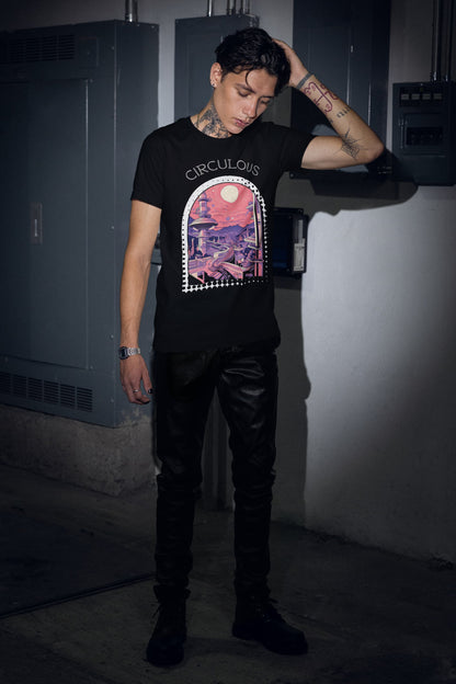 Galaxy t shirt Quantum Quarters retro-futuristic city portal art deco frame
