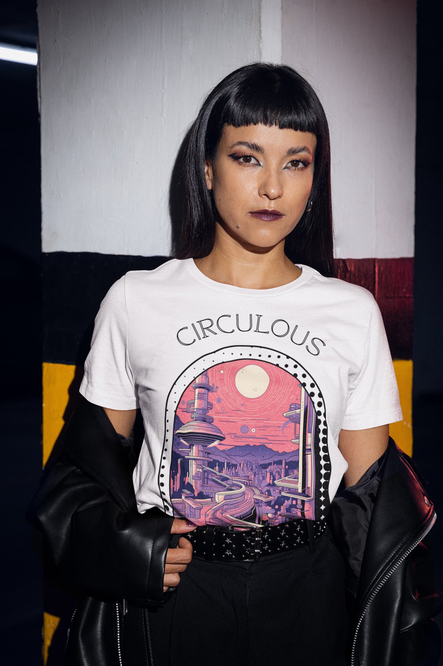 Quantum Quarters white tee colorful city geometric buildings neon retro future
